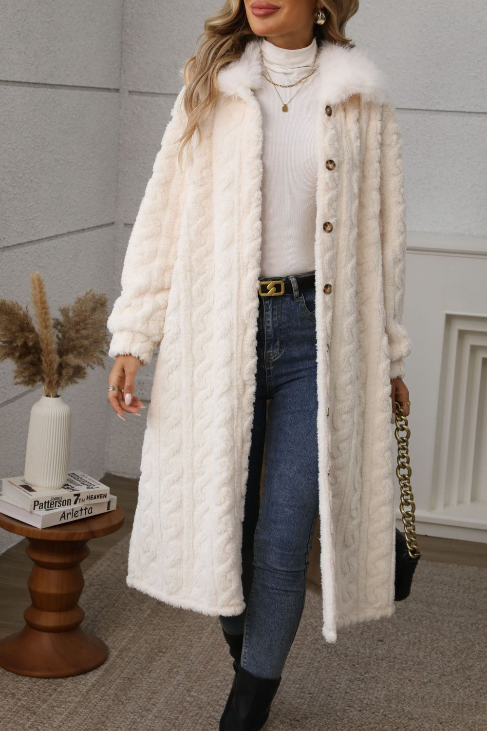 Furry Button Up Long Sleeve Longline Coat