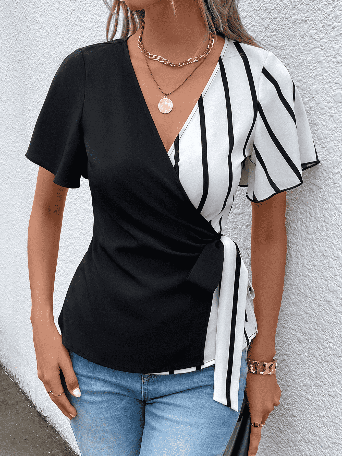 Honey Surplice Neck Waist Tie Flutter Sleeve Blouse