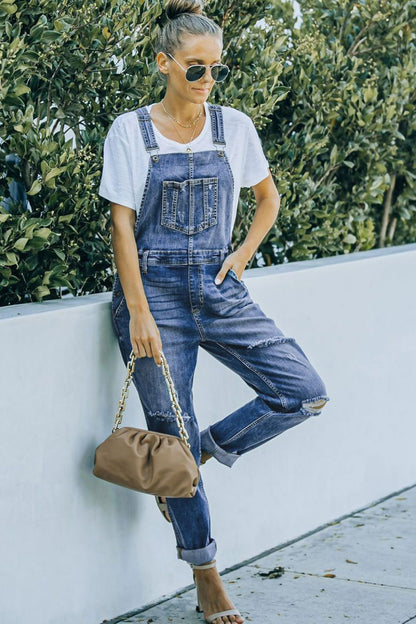 Pocketed Distressed Denim Overalls