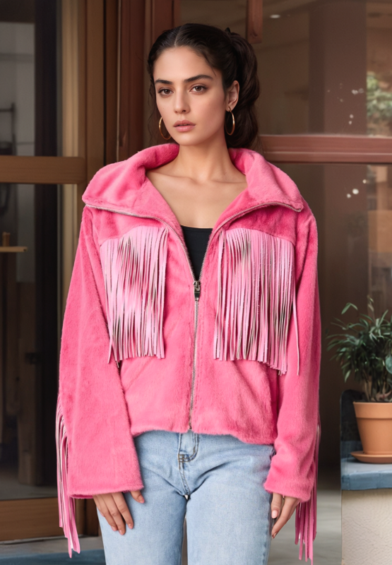 Fringed Zip Up Fleece Jacket