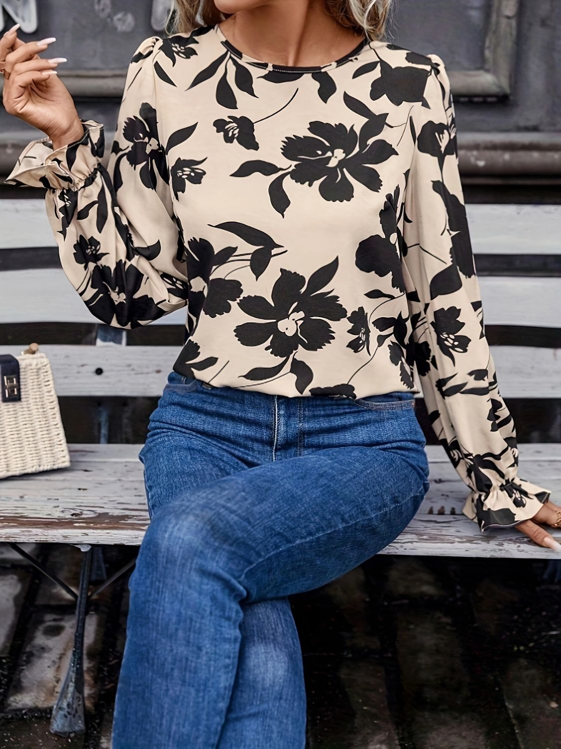 Bow Back Printed Round Neck Flounce Sleeve Blouse