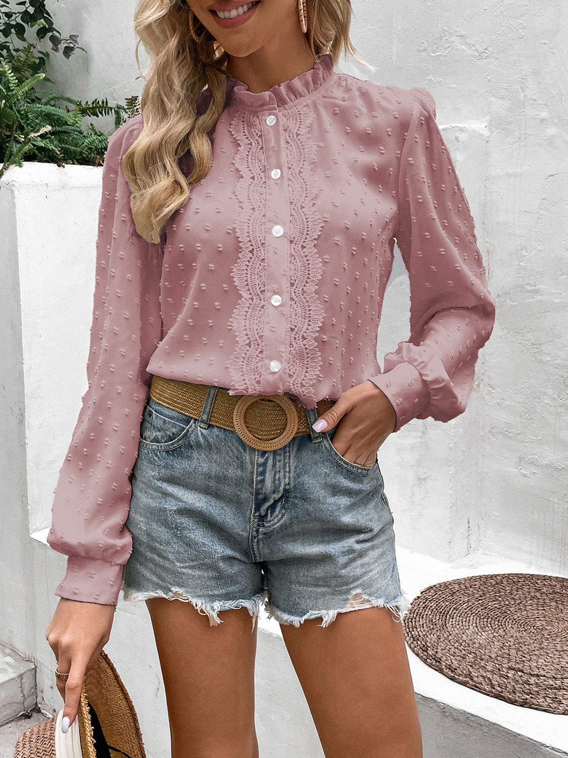 Honey Swiss Dot Lace Trim Long Sleeve Shirt