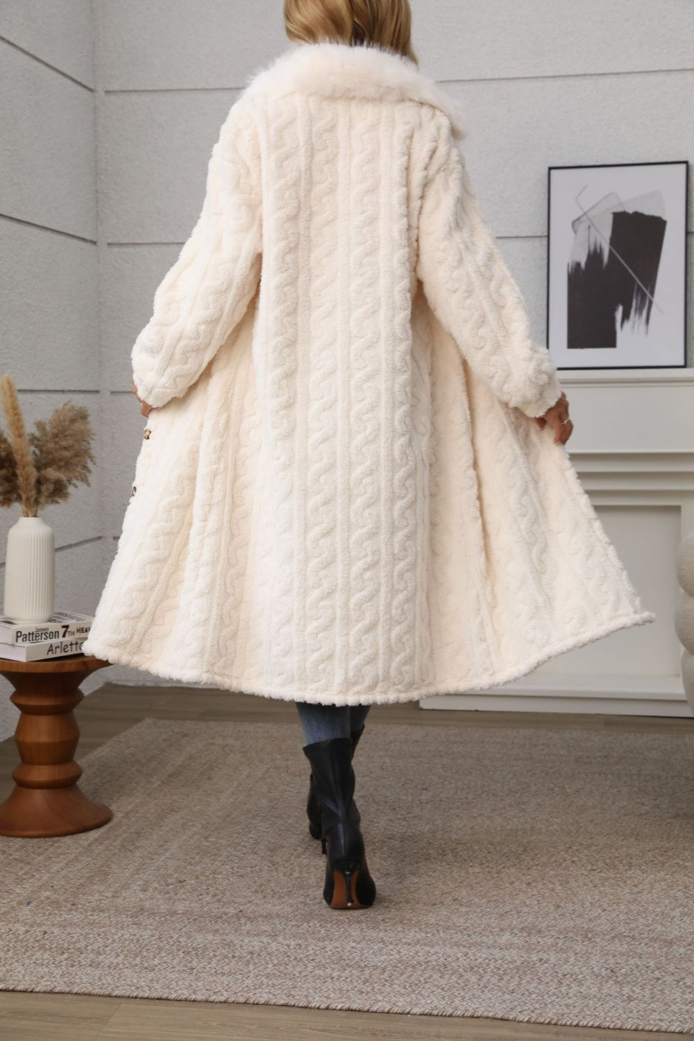 Furry Button Up Long Sleeve Longline Coat