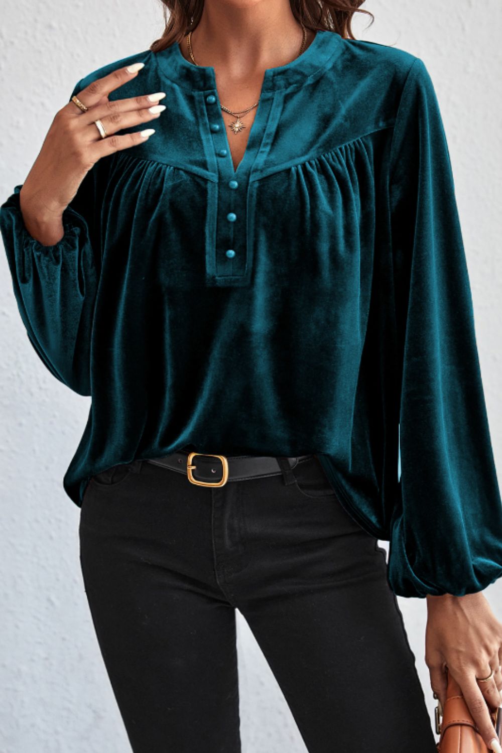 Notched Long Sleeve Velvet Top