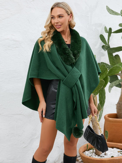 Fuzzy Trim Open Front Poncho