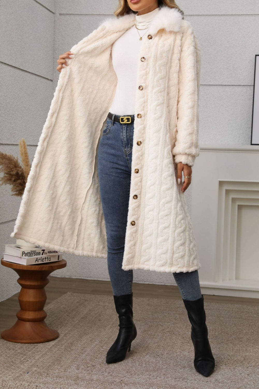 Furry Button Up Long Sleeve Longline Coat