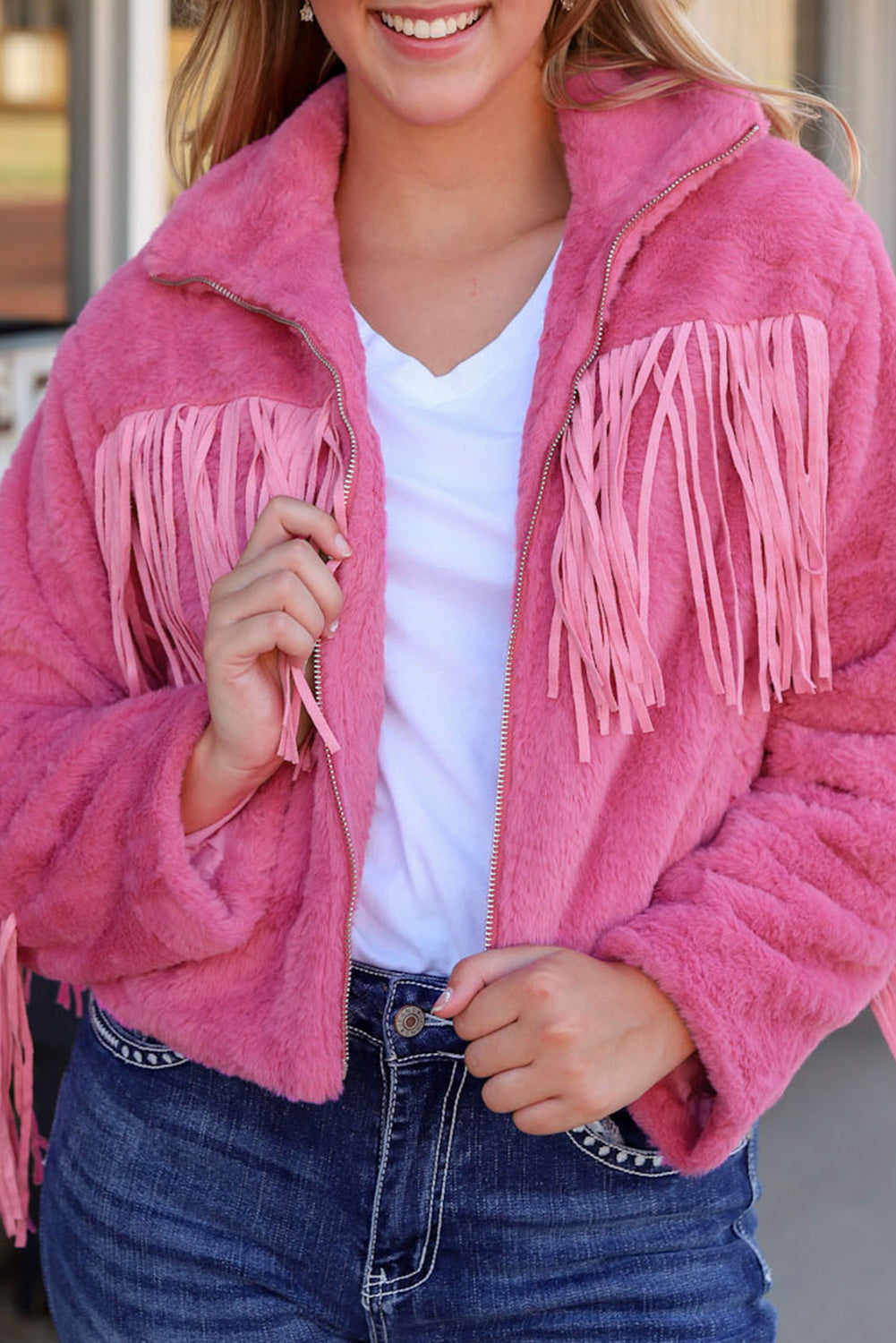 Fringed Zip Up Fleece Jacket