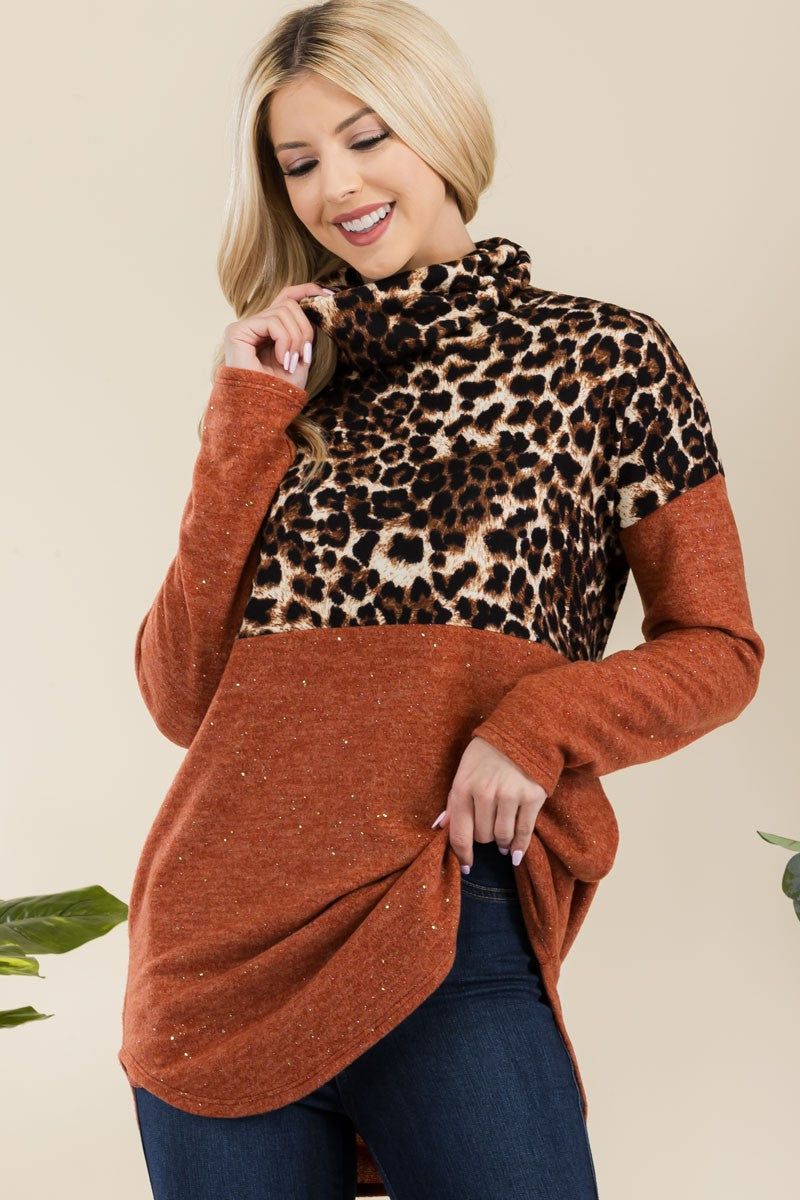 Celeste Full Size Curved Hem Leopard Turtleneck Long Sleeve Blouse