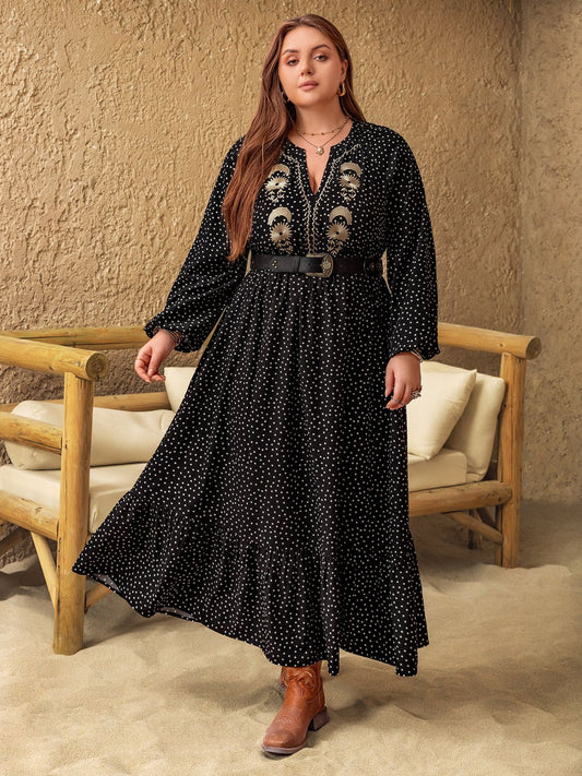 Plus Size Embroidered Polka Dot Notched Long Sleeve Dress