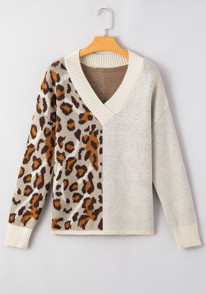 Leopard V Neck Drop Shoulder Sweater