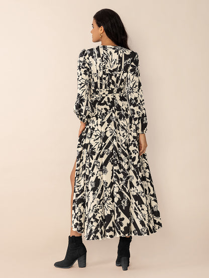 Tied Printed V-Neck Long Sleeve Midi Dress